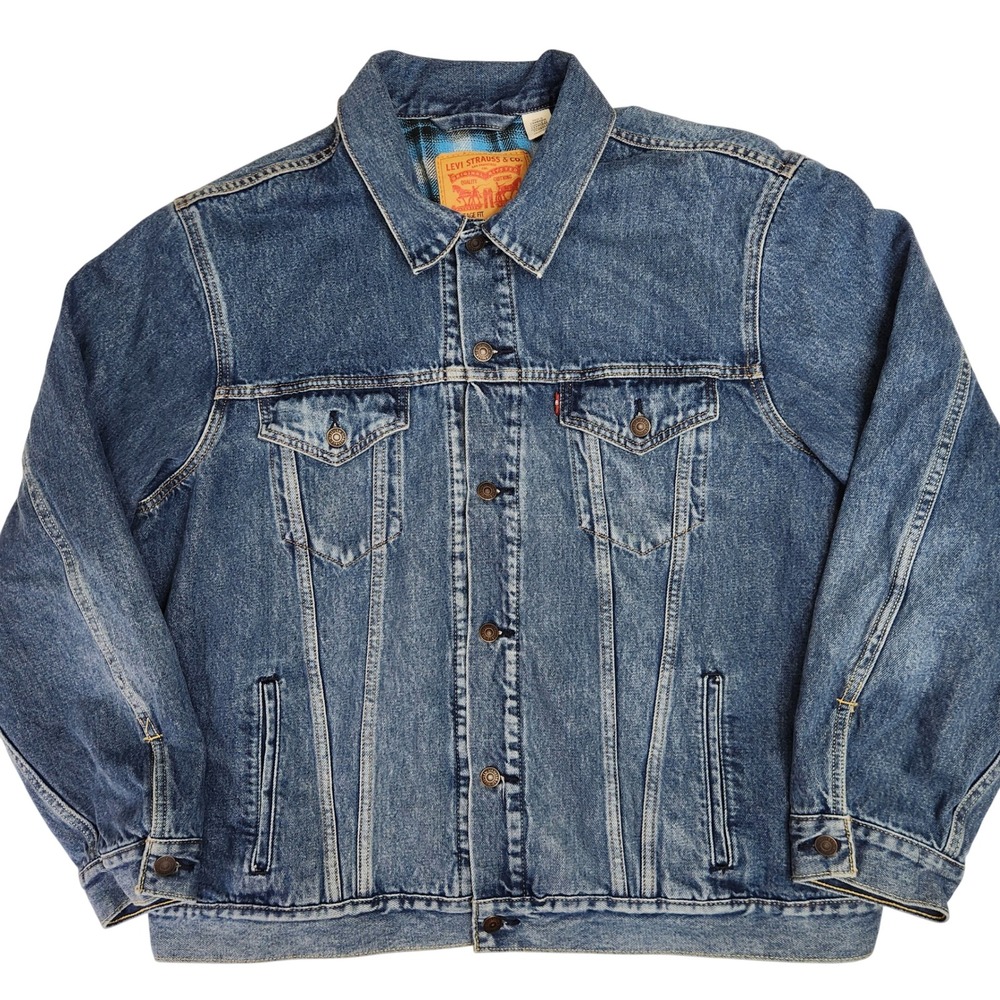 Levis Vintage Fit Flannel Lined Denim Trucker Jacket XXL Blue Plaid Medium Wash